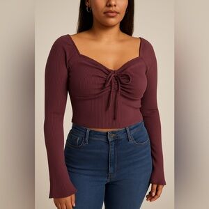 NWOT LUSH WOMEN'S PLUM LONG SLEEVE CINCH FRONT KNIT TOP Cropped M